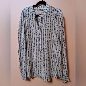 Sz M (P) Loft White Tunic Blouse Multi Floral Long Sleeve